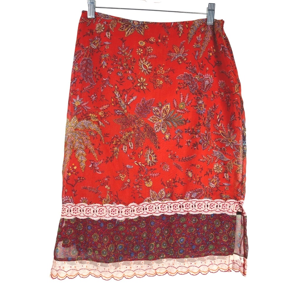 Y2K Free People Red Floral Lace Trim Skirt size 7 Boho Festival